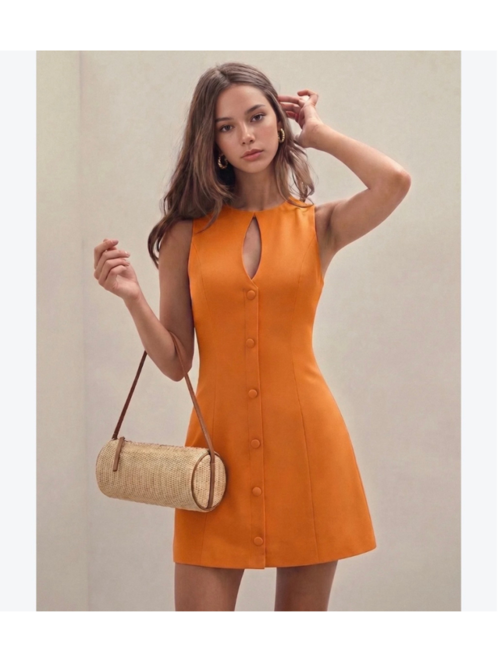 Commense Linen Blend Button Front Mini Dress XS Keyhole Neck Mod Minimalist